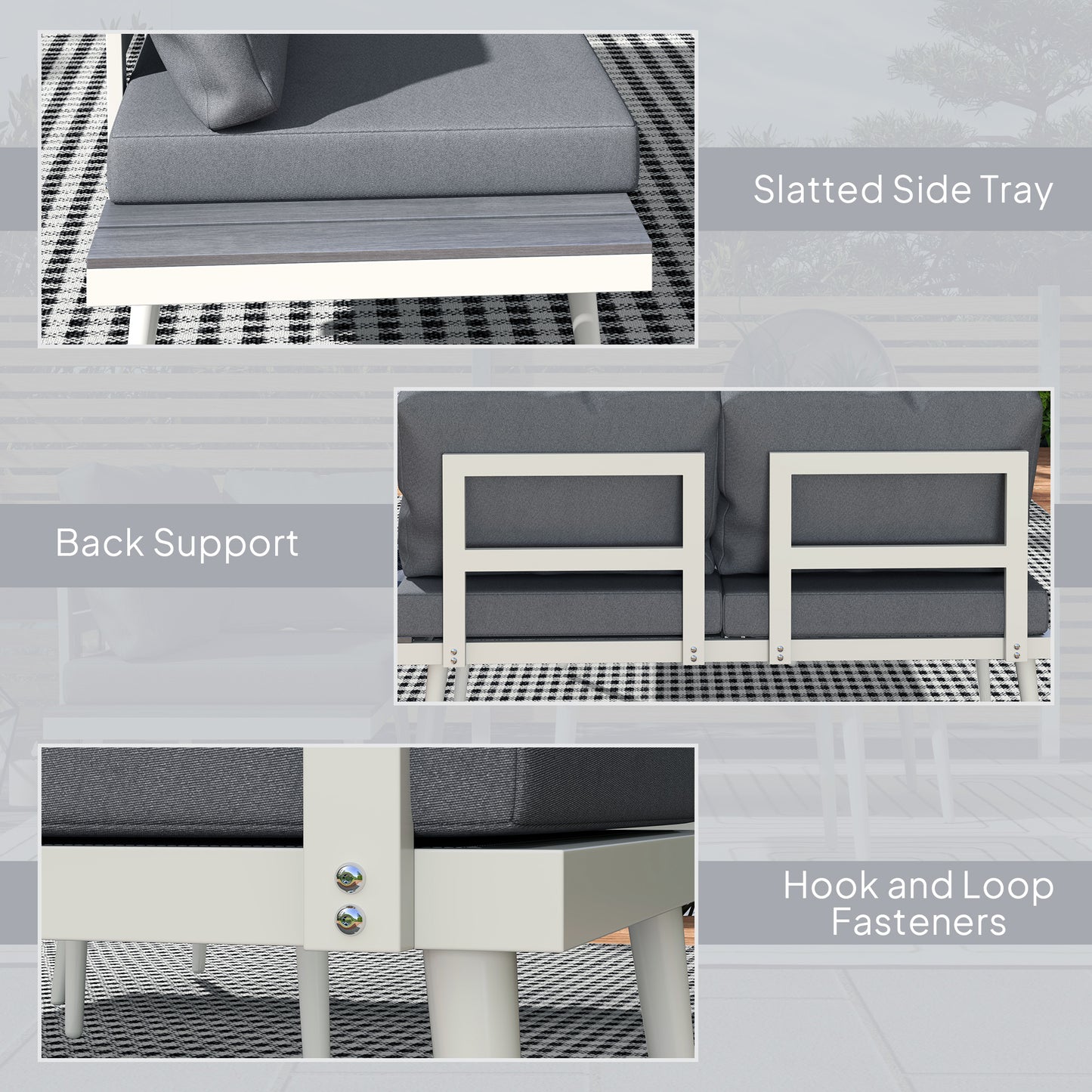 Outsunny 3 Piece Garden Furniture Set, Adjustable Lounger, L Shaped Corner Sofa with Cushions, Mesh Seat, Wood-Grain Table, Grey