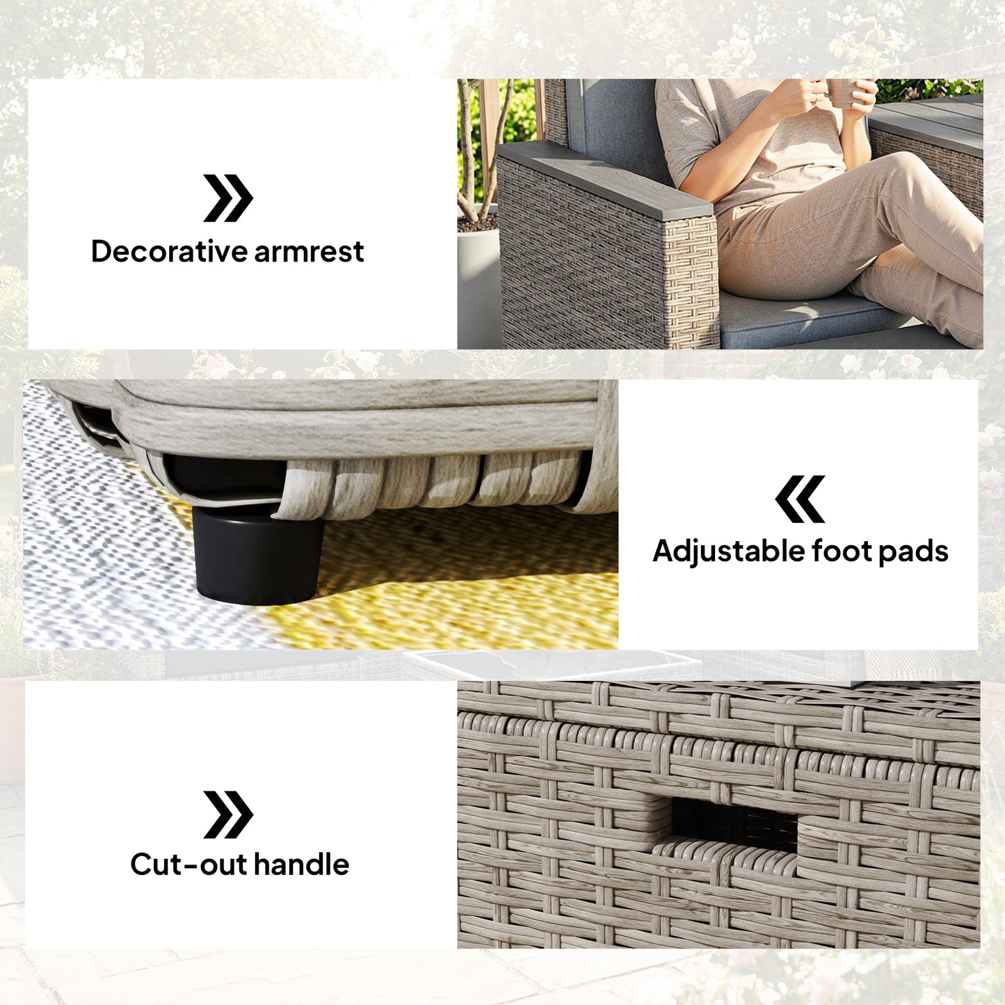 Outsunny 5 Piece Rattan Garden Furniture Set with Storage Table, Footstools, Cushions, Dark Grey