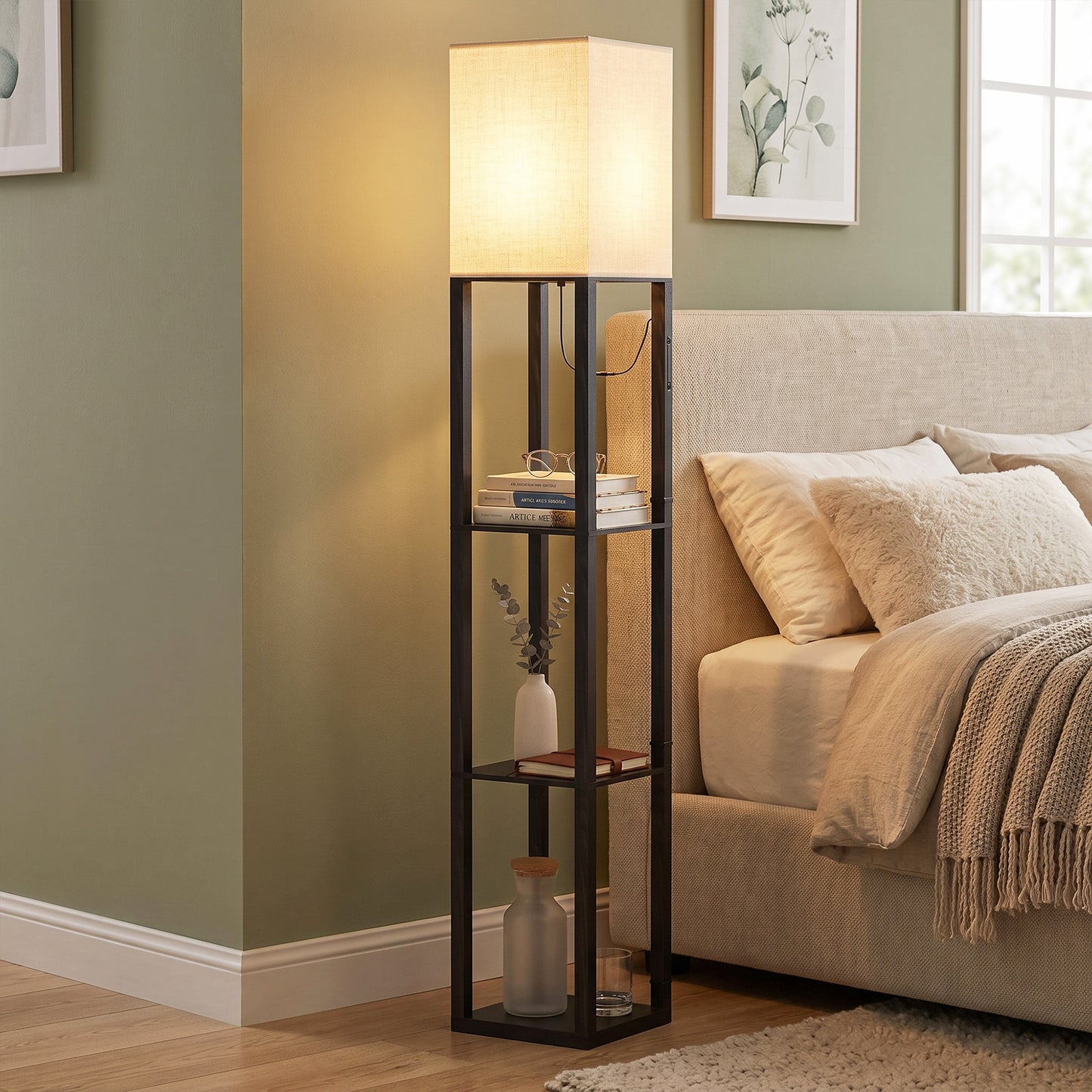 HOMCOM Floor Lamp with Shelves, Modern Dimmable Standing Lamp with Fabric Lampshade, Adjustable Colour Temperature, Black