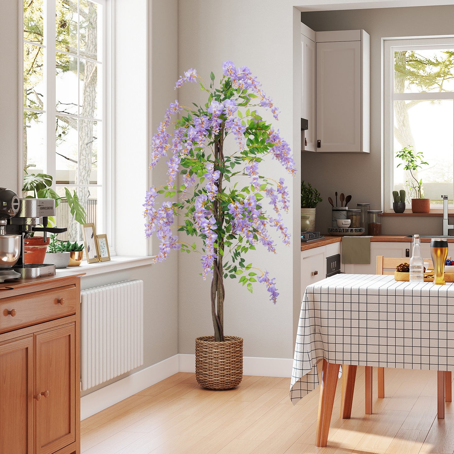 HOMCOM Artificial Wisteria, Tall Fake Plant with 756 Leaves & 54 Flowers in Pot, Home Decor, 180cm, Purple