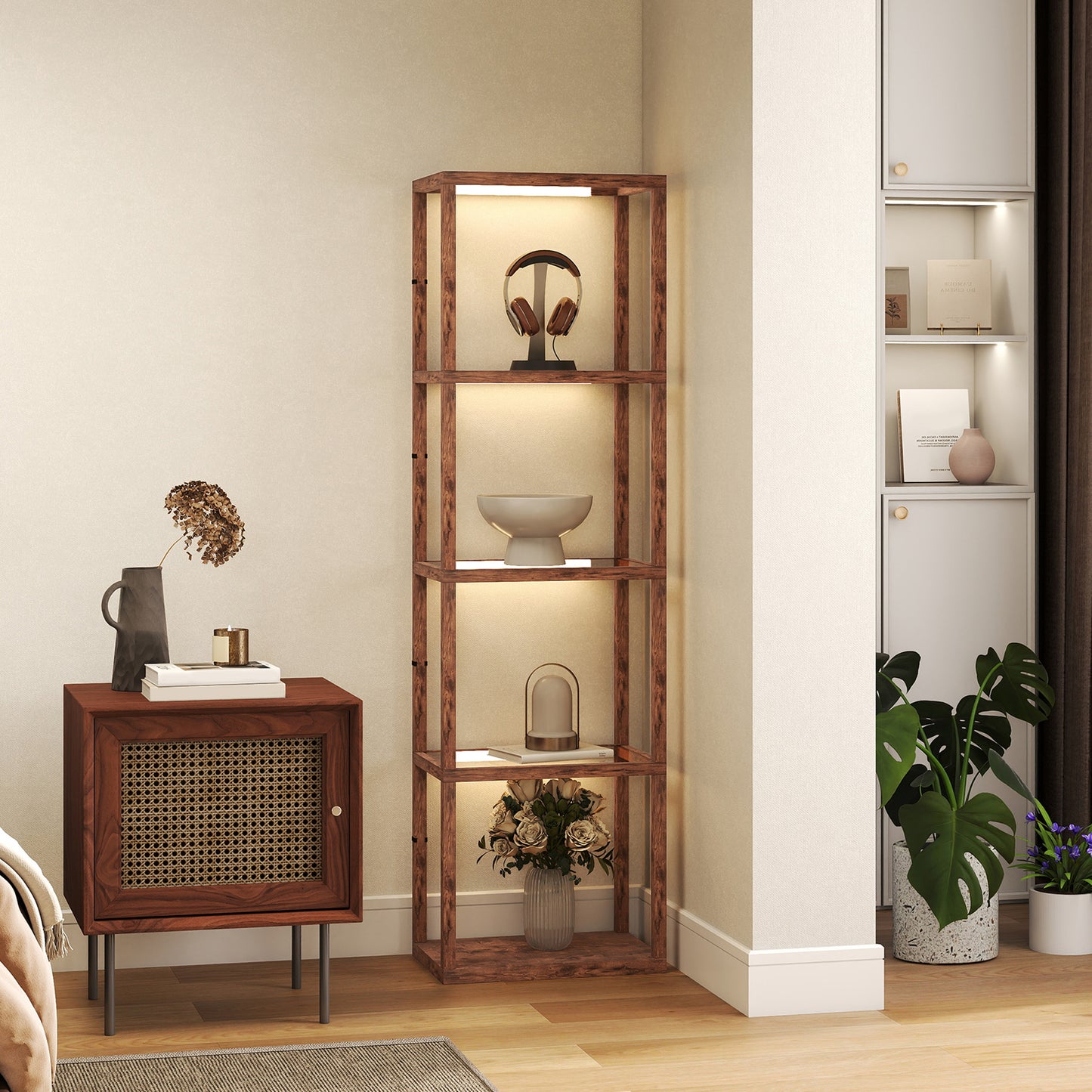 HOMCOM LED Floor Lamp with Glass Shelves, Dimmable 4-Layer Modern Standing Lamp for Living Room, Bedroom, Office, Rustic Brown