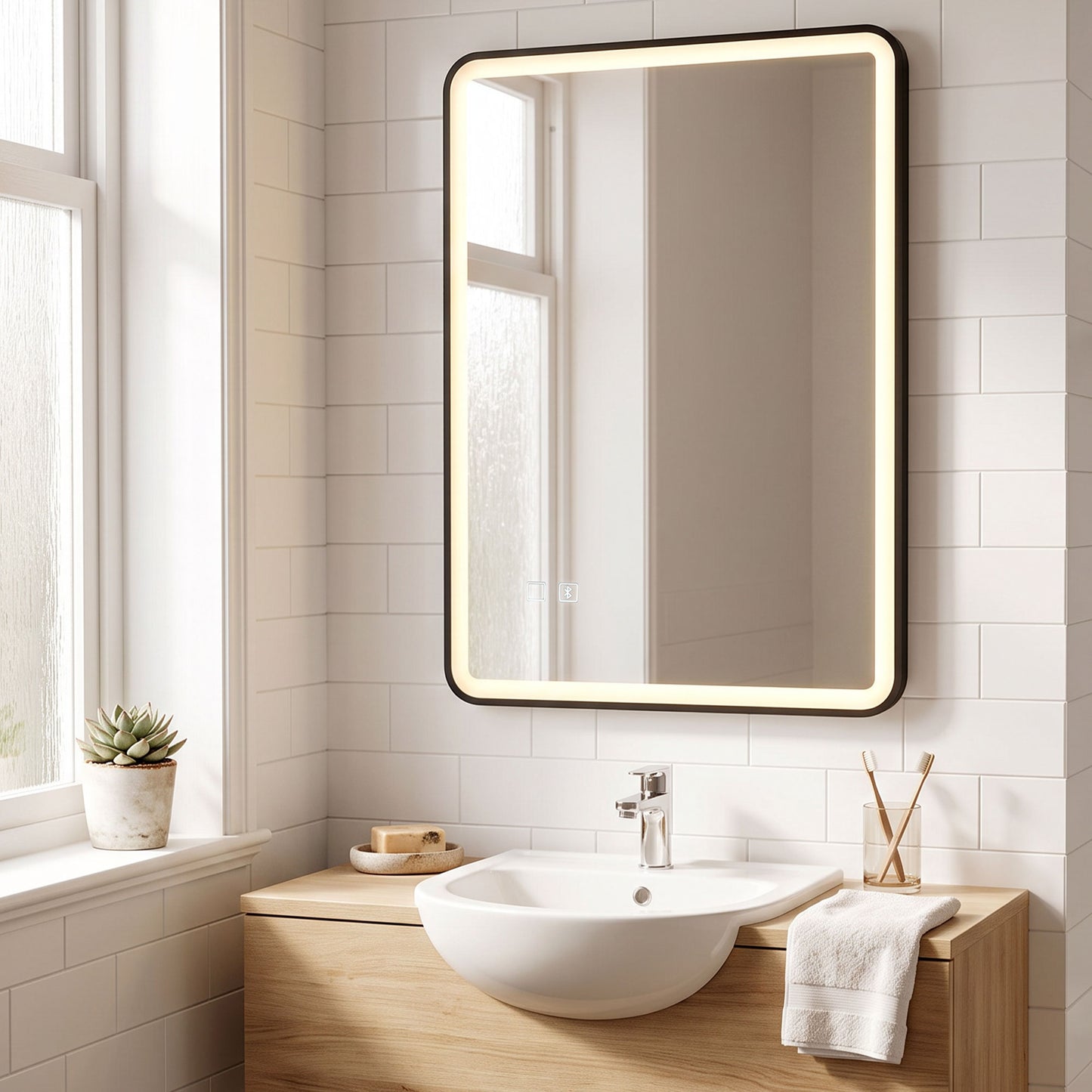 HOMCOM Bathroom Mirror with LED Lights, 100x70cm Rectangle Bathroom Mirror, Dimmable, Bluetooth, Anti-Fog, Black