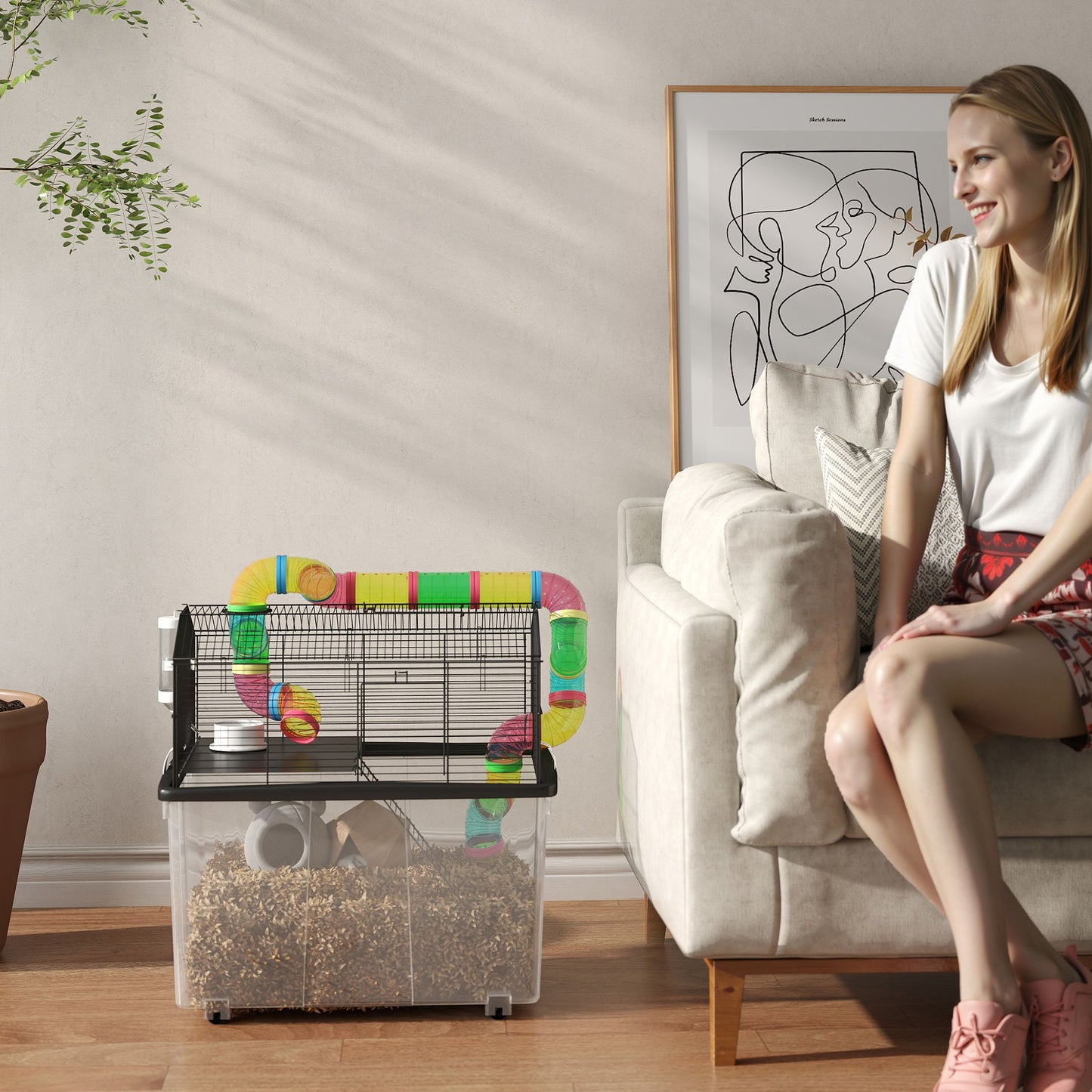 PawHut 2 Tier Hamster Cage with 31cm Deep Tray, Tube System, Water Bottle, Ramp, Feeding Bowl, 58 x 43 x 57cm, Multicolour