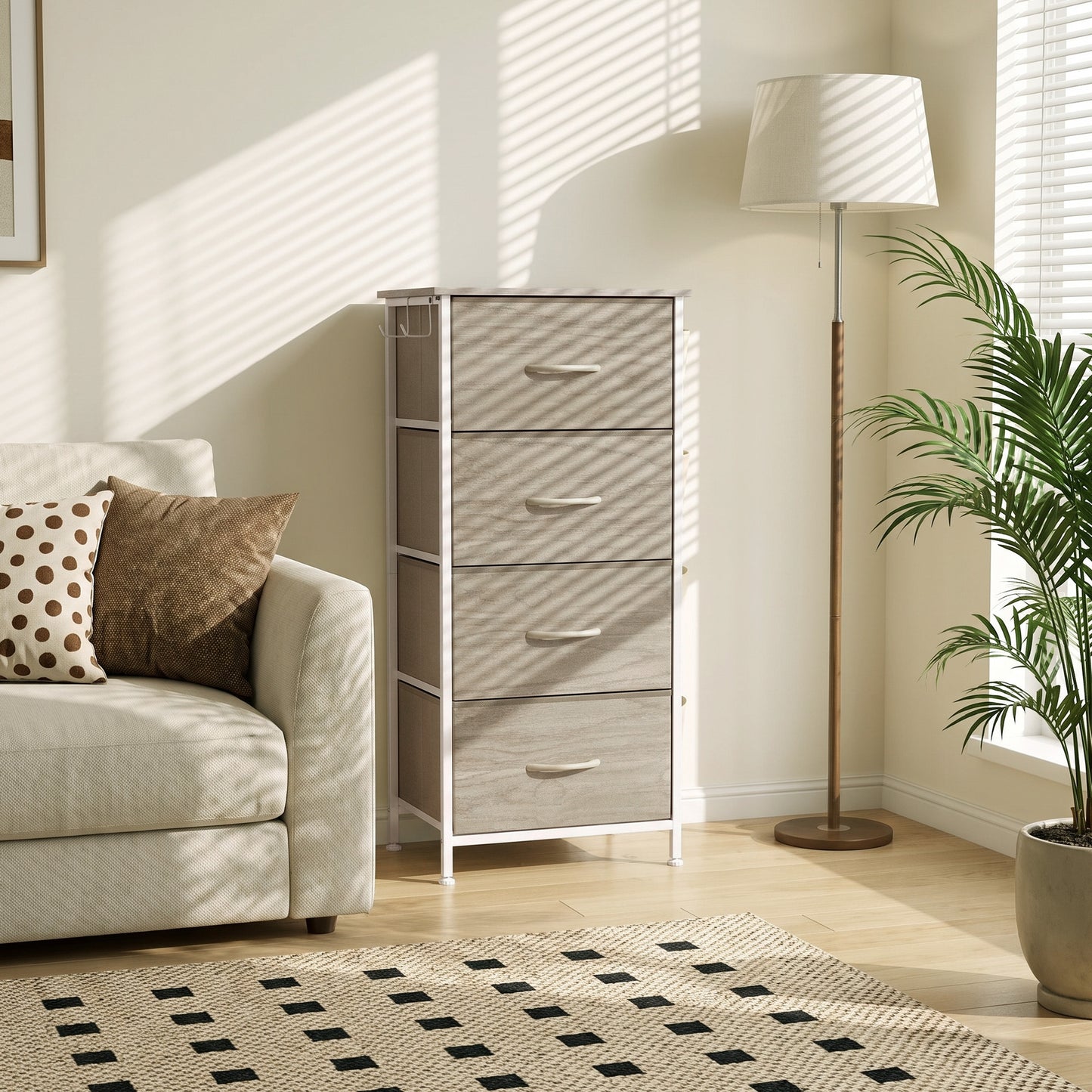 HOMCOM Chest of Drawers, Dresser with 4 Fabric Drawers, Tall Storage Unit with 4 Pockets and 2 Hooks, Steel Frame, Natural Wood