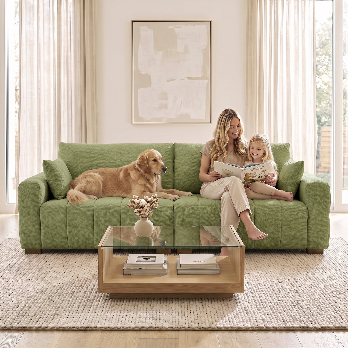 HOMCOM 3 Seater Sofa, Upholstered Velvet Couch for Bedroom with Pillows, Padded Cushion and Wood Legs, Green