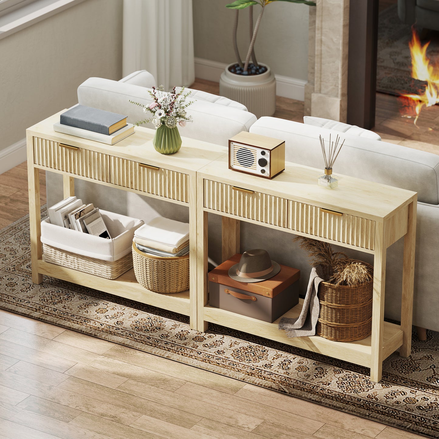 HOMCOM Modern Console Table with Fluted Drawers, Shelf for Entryway or Living Room, 90x30x76 cm, Natural Wood Finish