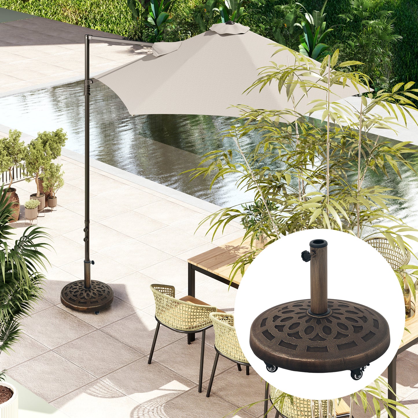 Outsunny 21kg Resin Parasol Base with Wheels, Heavy Duty Bronze Tone Stand for 34-48 mm Poles