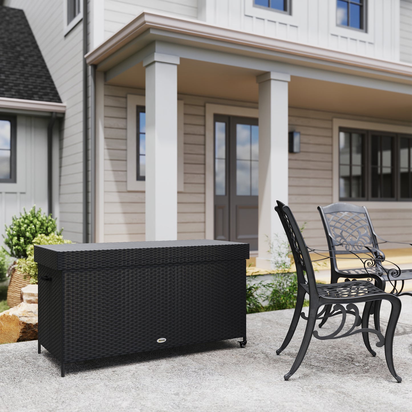 Outsunny 627 L Rattan Garden Storage Box, Outdoor Cushion Chest with Gas Lift Lid & Wheels, Black