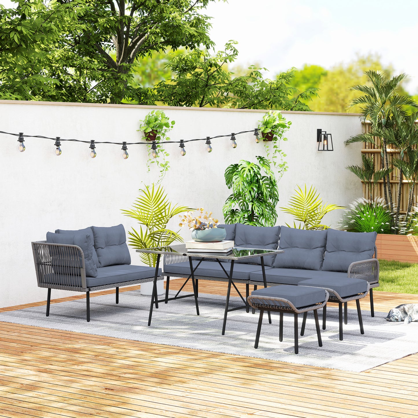 Outsunny 6 Piece Rattan Garden Furniture Set, 8 Seater Corner Sofa with Cushions & Glass Top Table for Patio, Charcoal Grey