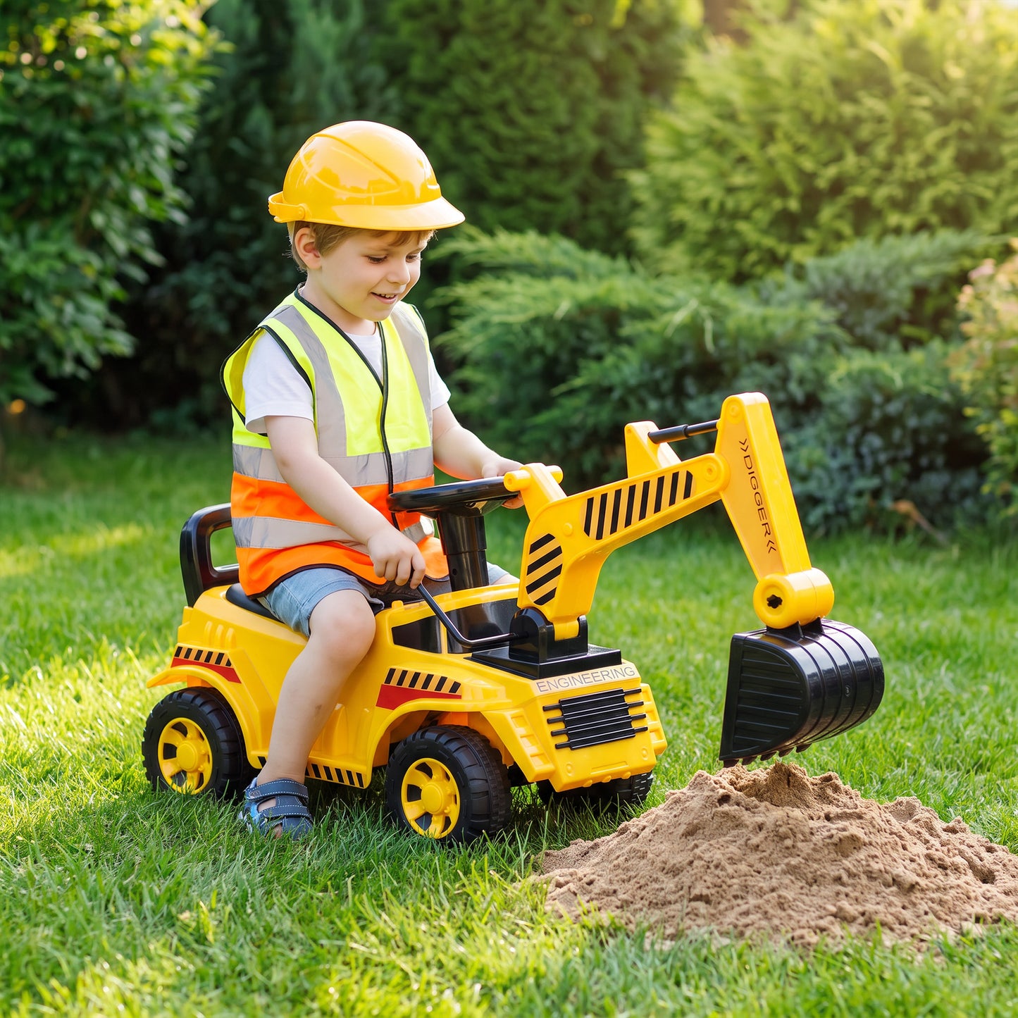 AIYAPLAY Kids Ride on Digger, Toddler Construction Toy Car with Security Helmet, Horn, Detachable Digging Arm