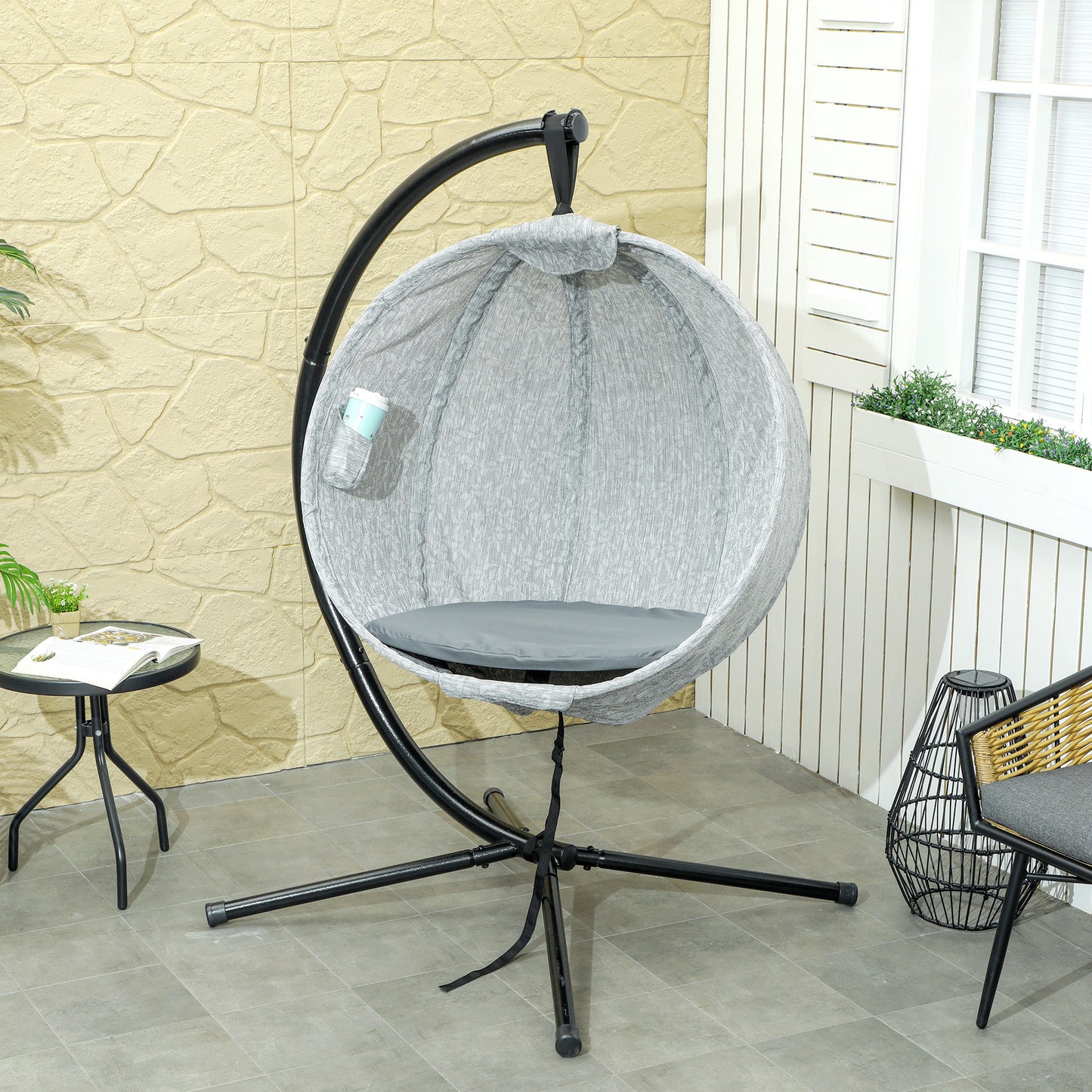 Outsunny Round Hanging Egg Chair with Cup Holder Grey