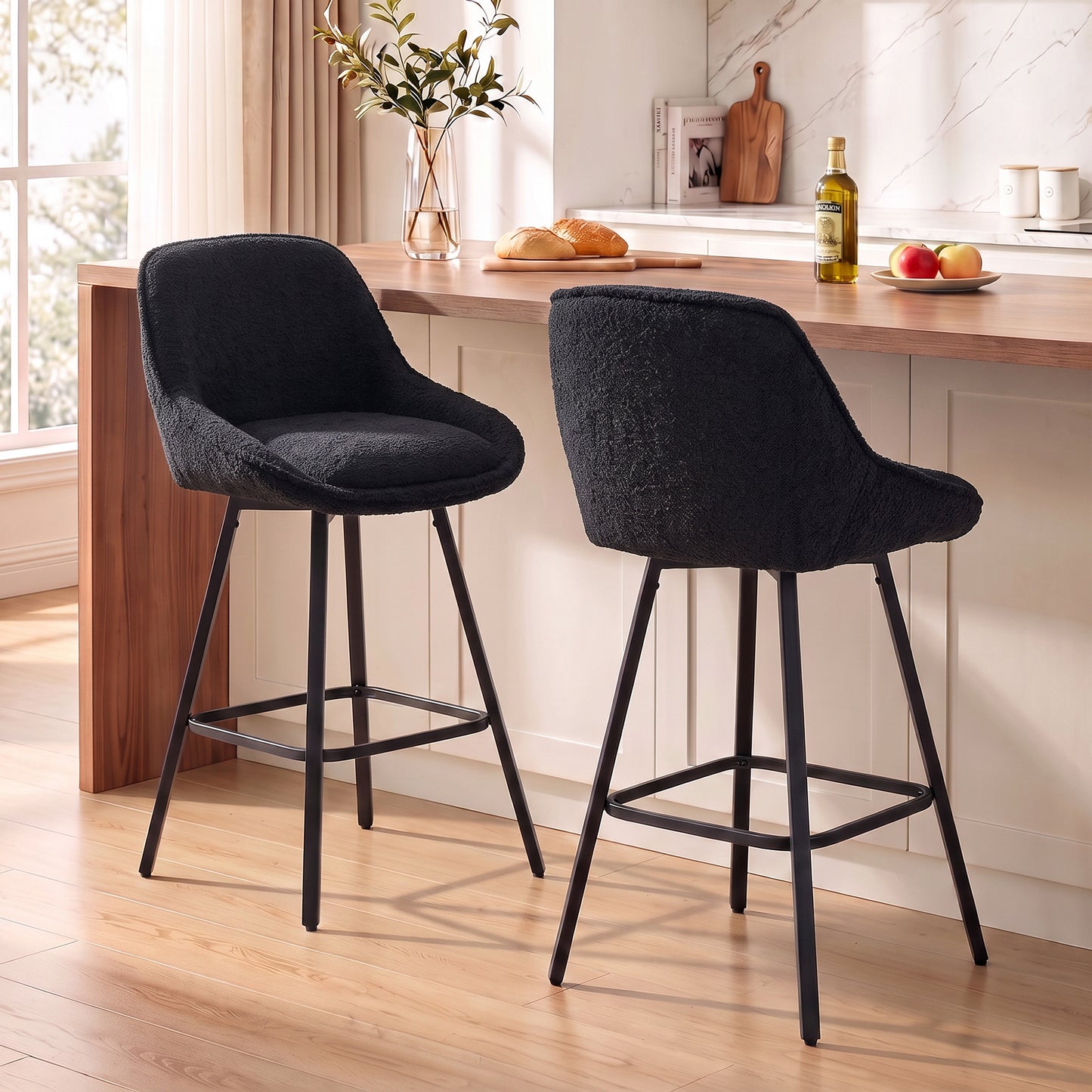 HOMCOM Bar Stools Set of 2, 64 cm Modern Linen-Touch Fabric 360° Swivel Counter Height Bar Chairs, Black