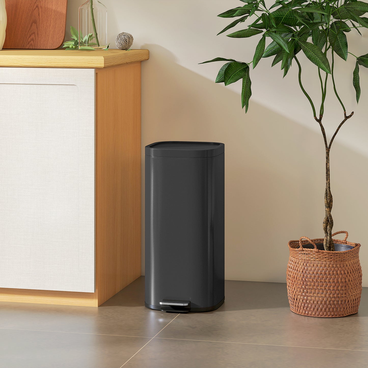 HOMCOM 30L Kitchen Bin, Compact Pedal Bin with Soft-Close and Stay-Open Lid, Removable Bucket for Kitchen, Home, Office, Black