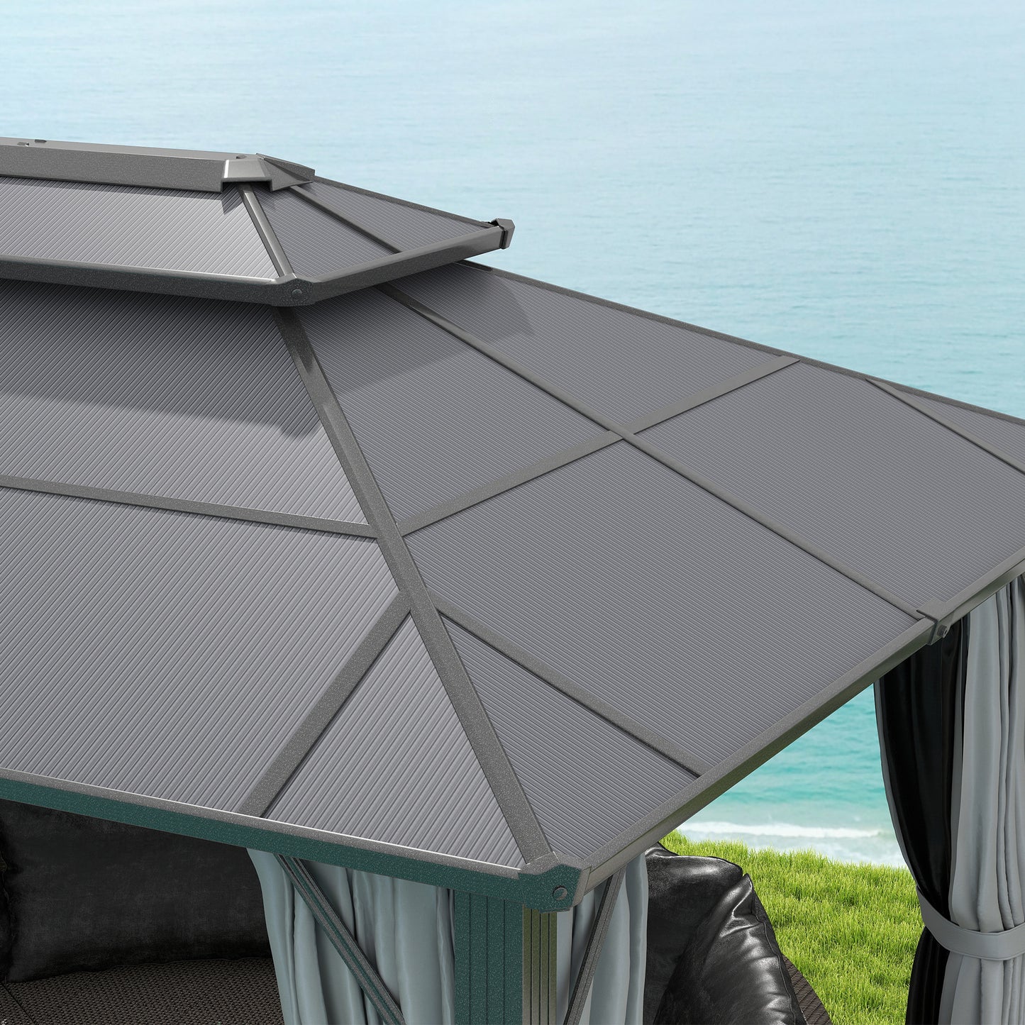 Outsunny 3x4m Hardtop Gazebo, UPF30+ Roof, Aluminium Frame, Mosquito Netting & Curtains, Grey