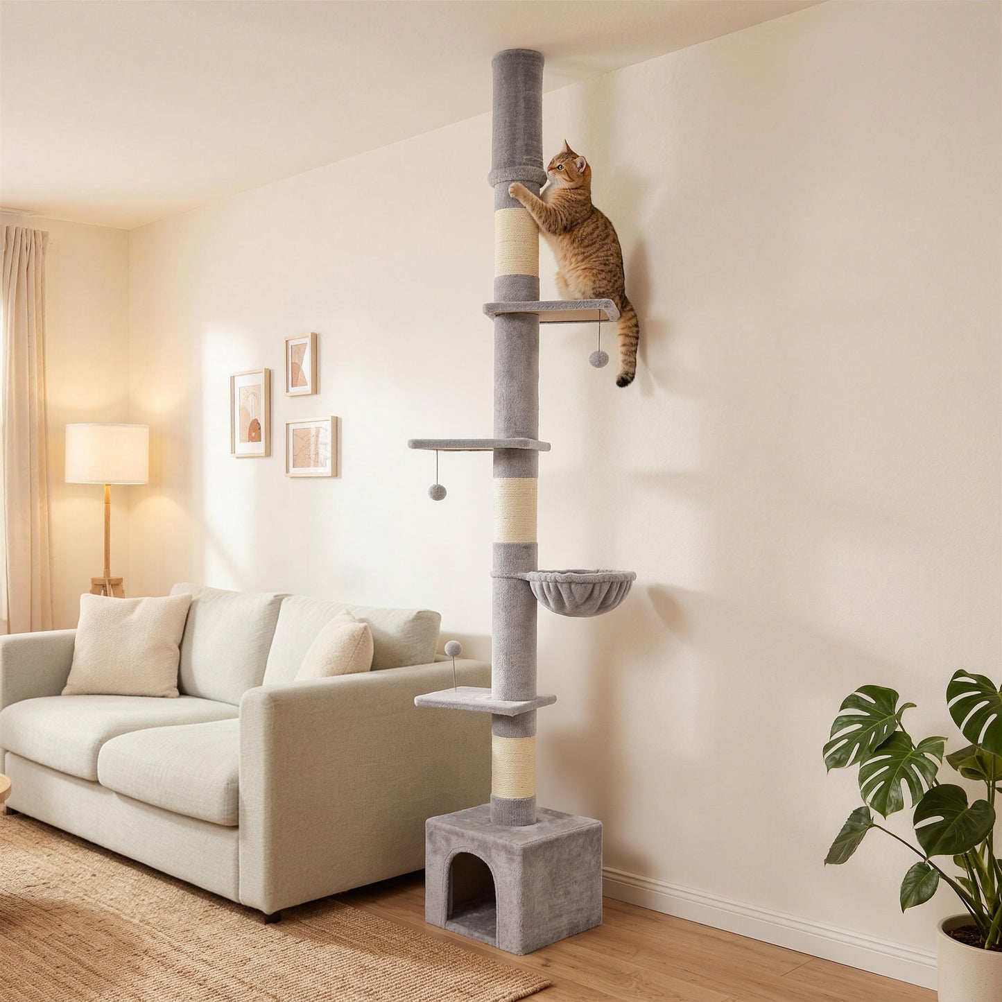 PawHut Floor to Ceiling Cat Tree, 230-250cm Multi-Level Cat Tower with Adjustable Height, Scratching Posts, Condo, Platforms