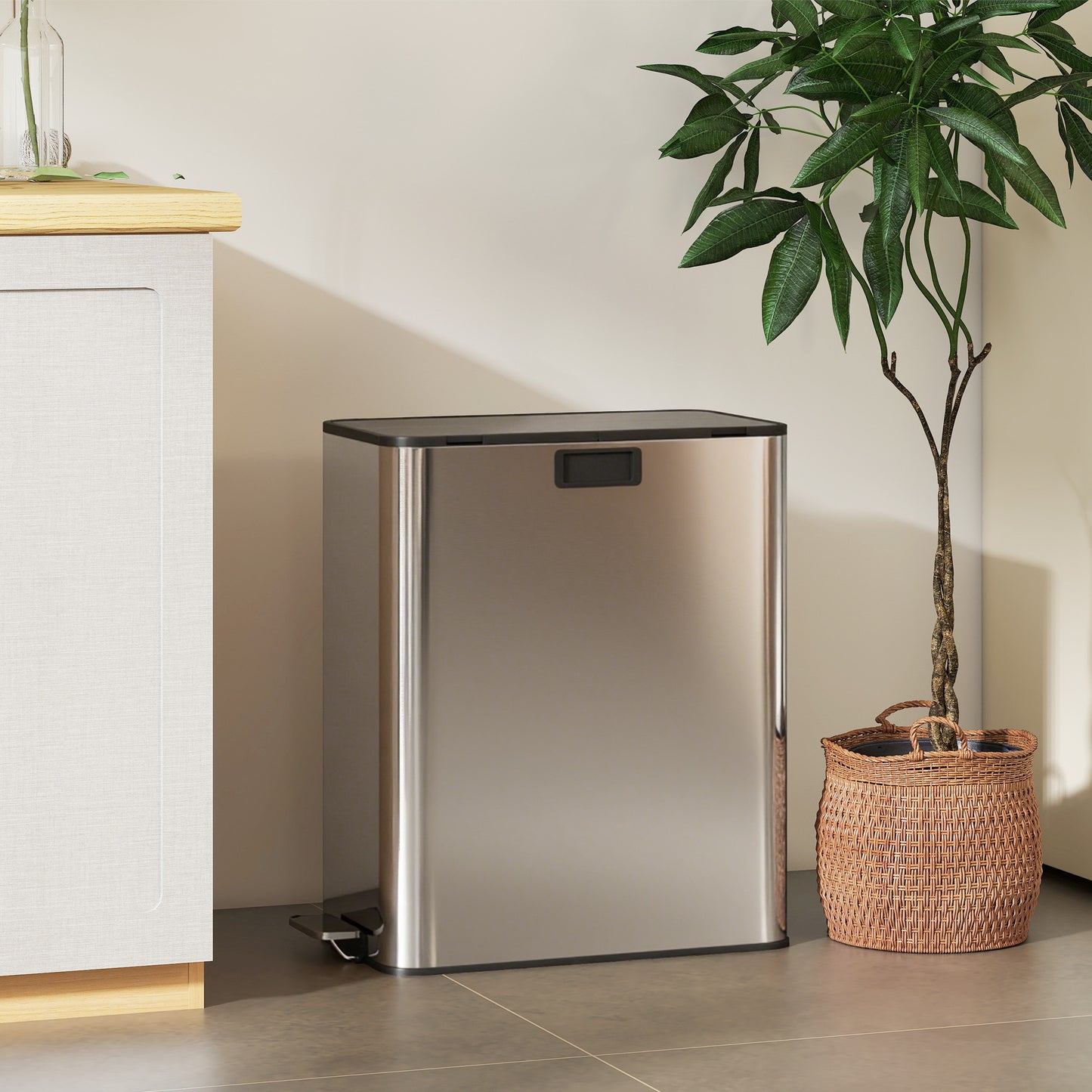 HOMCOM Dual Kitchen Bin, 2x28L Stainless Steel Pedal with Soft-Close Lid & Removable Buckets, Fingerprint-Proof for Recycling, Silver Tone