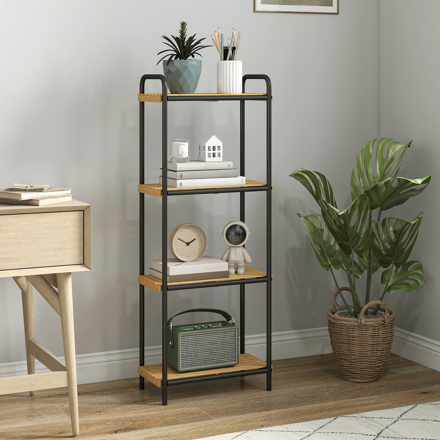 HOMCOM 4-Tier Bamboo Bathroom Storage Shelf, Freestanding Narrow Unit with Slatted Shelves, 41.5x21.5x106cm, Natural and Black