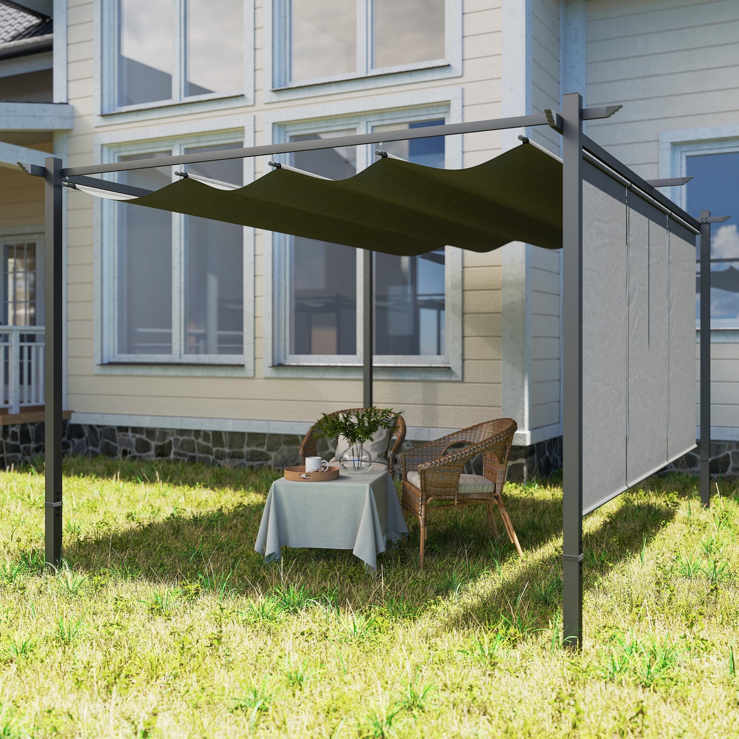 Outsunny 3x4m Metal Pergola with Retractable Roof, Wall-Mounted/Free Standing Gazebo Canopy Kit, UPF30+ Outdoor Sun Shade Shelter, Grey