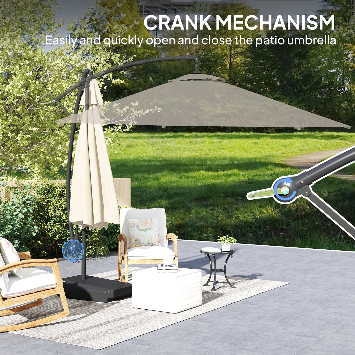 Outsunny Garden Cantilever Parasol with Fillable Base, Wind Strap, Cover, Crank Handle, Tilt, UPF50+, Patio Umbrella, Cream