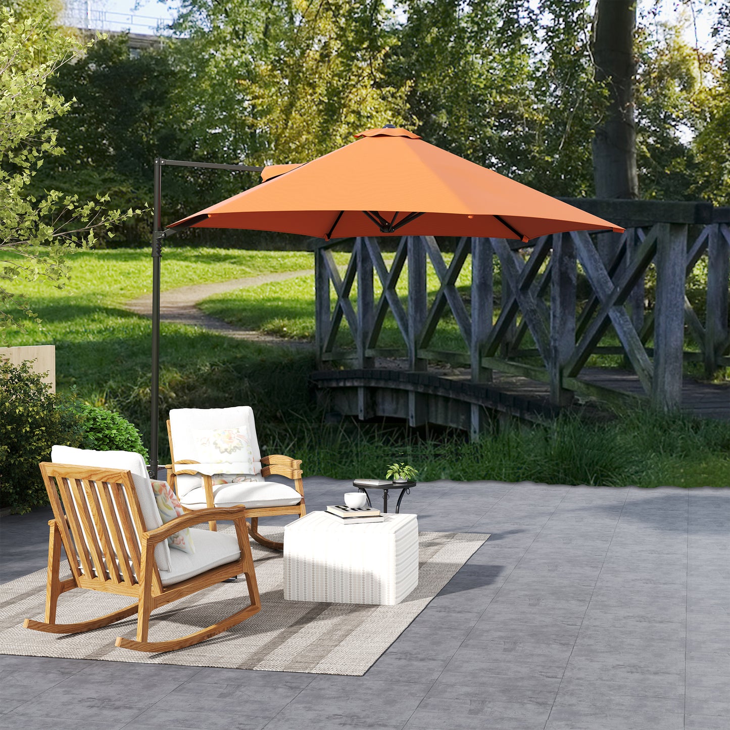 Outsunny 2.5M Garden Cantilever Parasol, Offset Roma Patio Umbrella Hanging Sun Shade Canopy Shelter with 360° Rotation and Cross Base, Orange