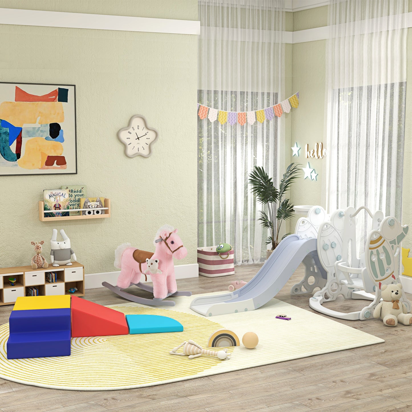 HOMCOM Kids Plush Ride-On Rocking Horse w/ Plush Toy Animal Sounds for 18-36M