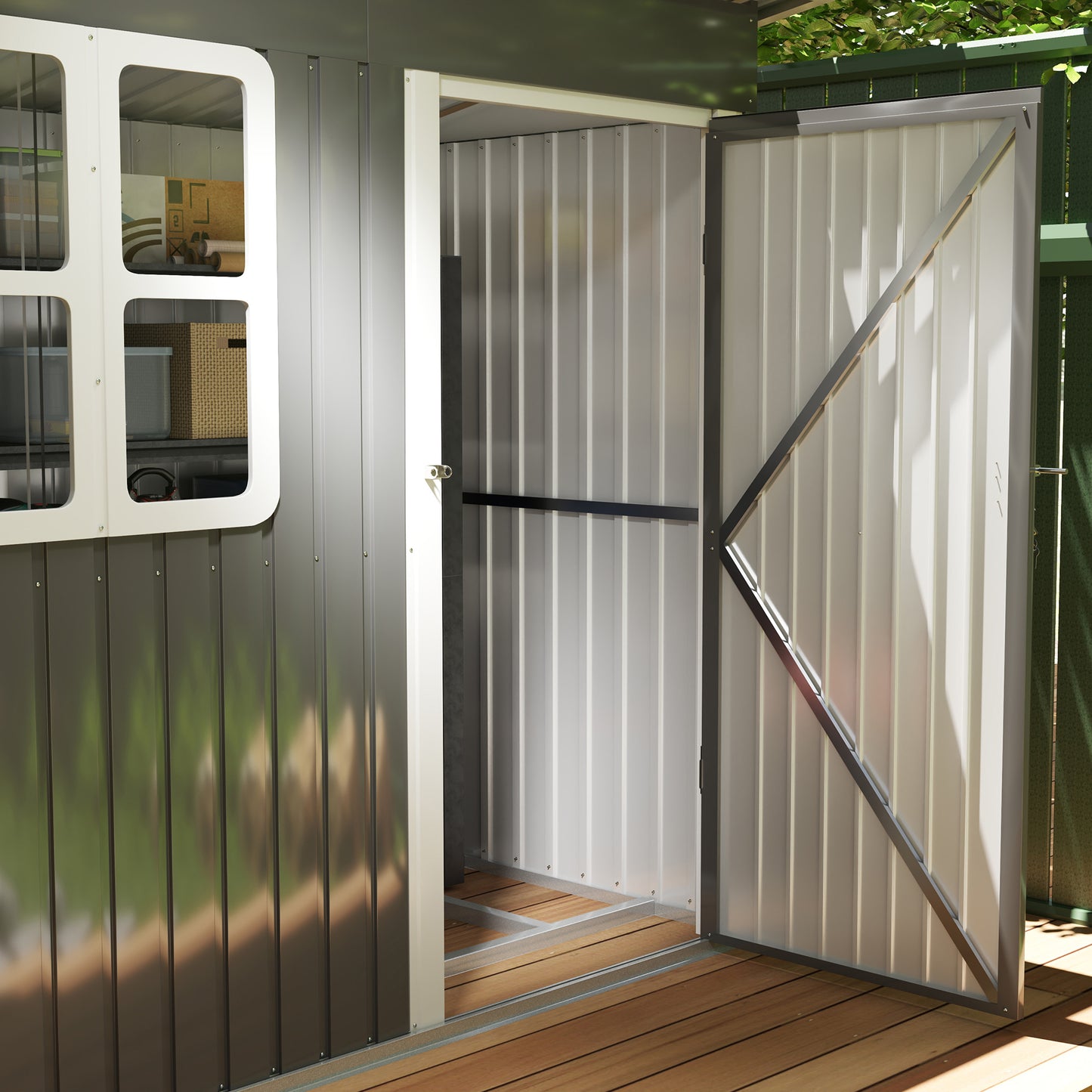 Outsunny 7x4ft Dark Grey Galvanised Steel Garden Storage Shed with Foundation Kit, Window, Lockable Door