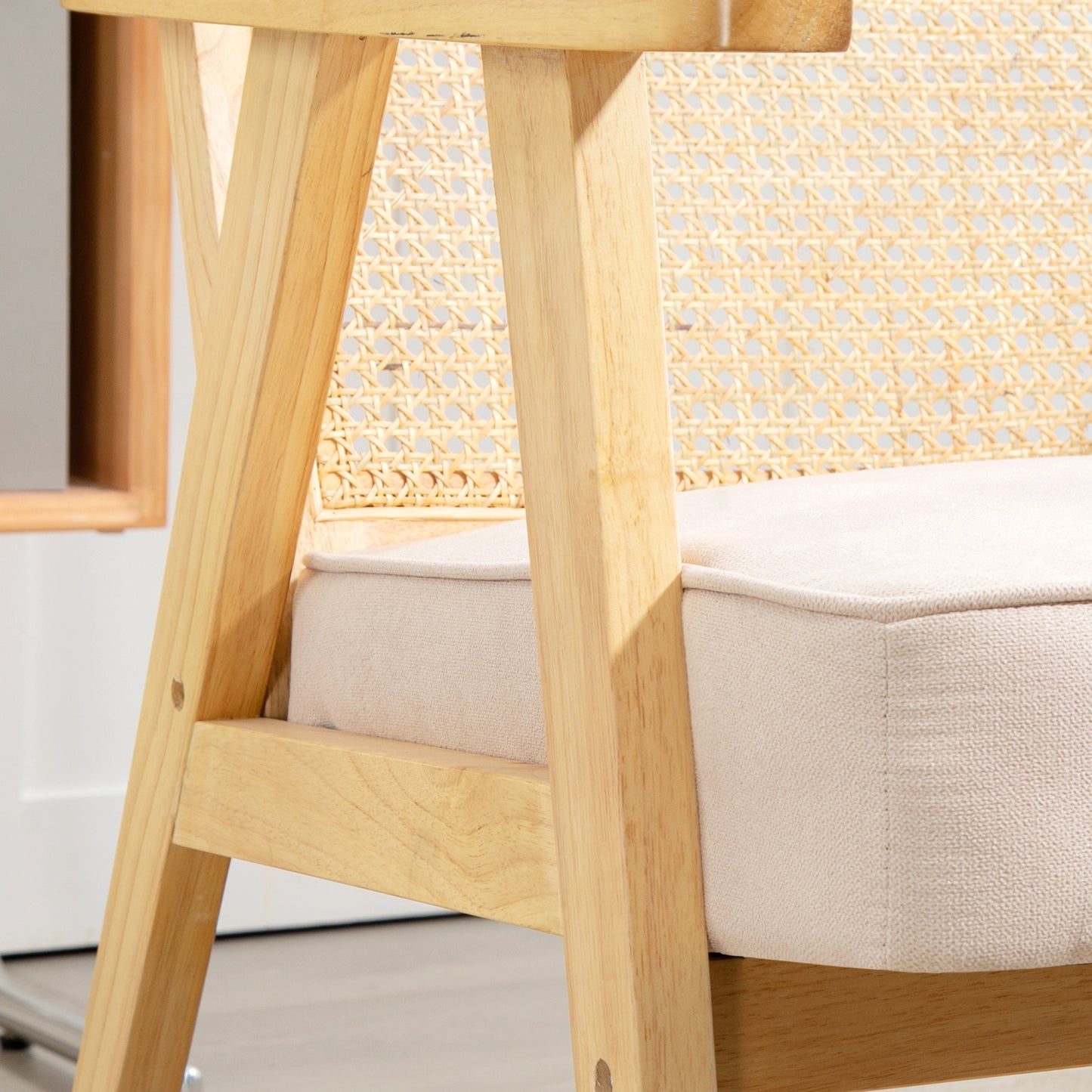 HOMCOM Bohemian Armchair, Fabric Seat, Rattan Back, Rubber Wood Frame, Natural Finish