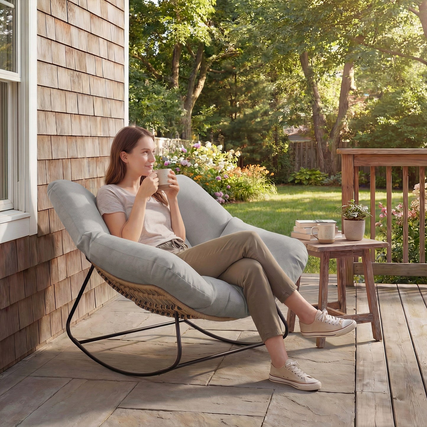 Outsunny Indoor Outdoor Rocking Chair, Oversized Rocking Egg Chair with Cushion for Living Room, Garden, Patio, Light Grey