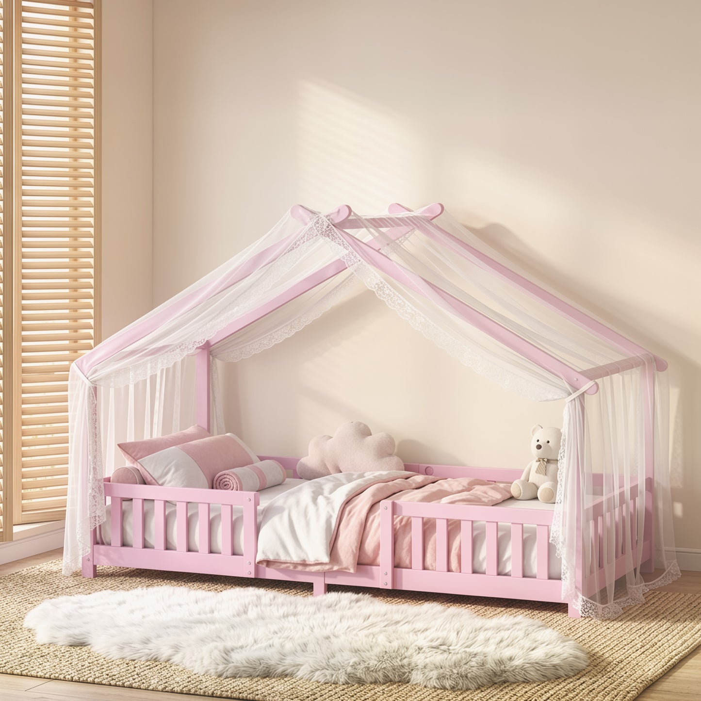 AIYAPLAY Wooden Kids House Single Bed Frame, Solid Pine Wood Toddler Bed with Dual Guardrails for Children, Boys, Girls, Pink