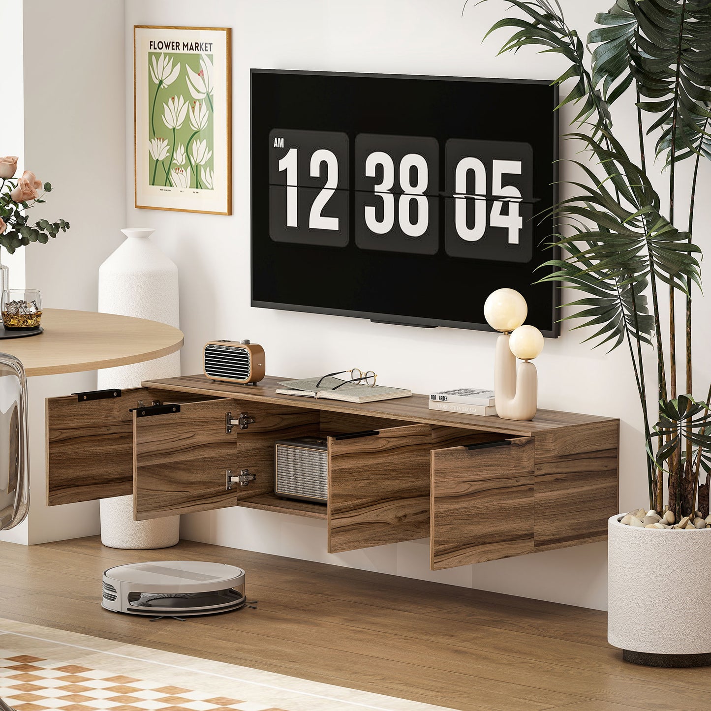 HOMCOM Wall Mounted TV Stand, 150 cm Floating Unit with Shelves and Doors, Media Console for Living Room, Bedroom, Rustic Brown