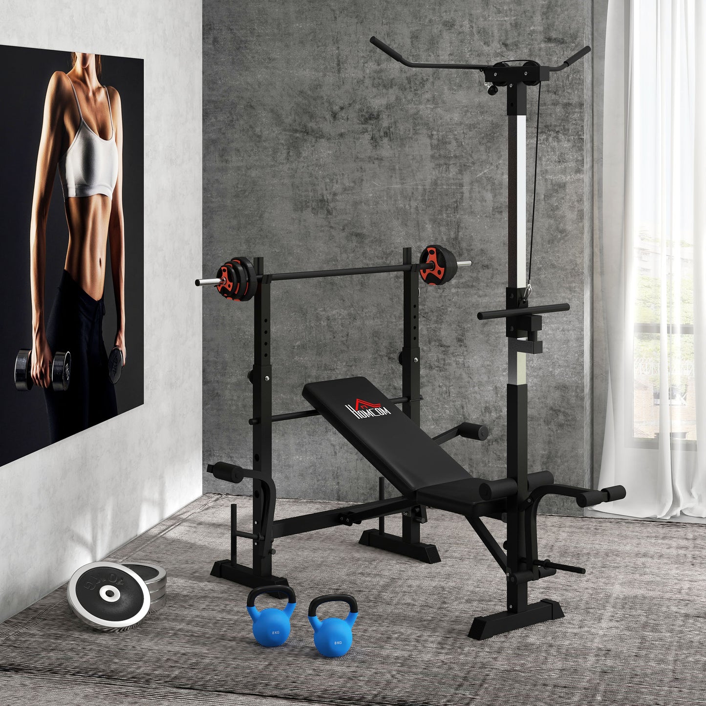 HOMCOM Adjustable Weight Bench with Pulley System, Squat Rack, Leg Developer, Butterfly, Weight Storage for Home Gym Workout, Black.
