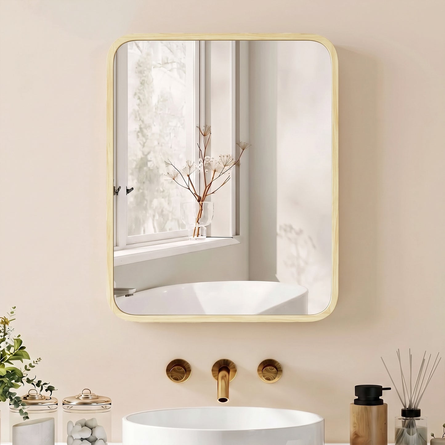 HOMCOM Bathroom Medicine Mirror Cabinet, Bathroom Wall Cabinet w/ Storage, Magnetic Door, Adjustable Shelf, Natural Wood Finish