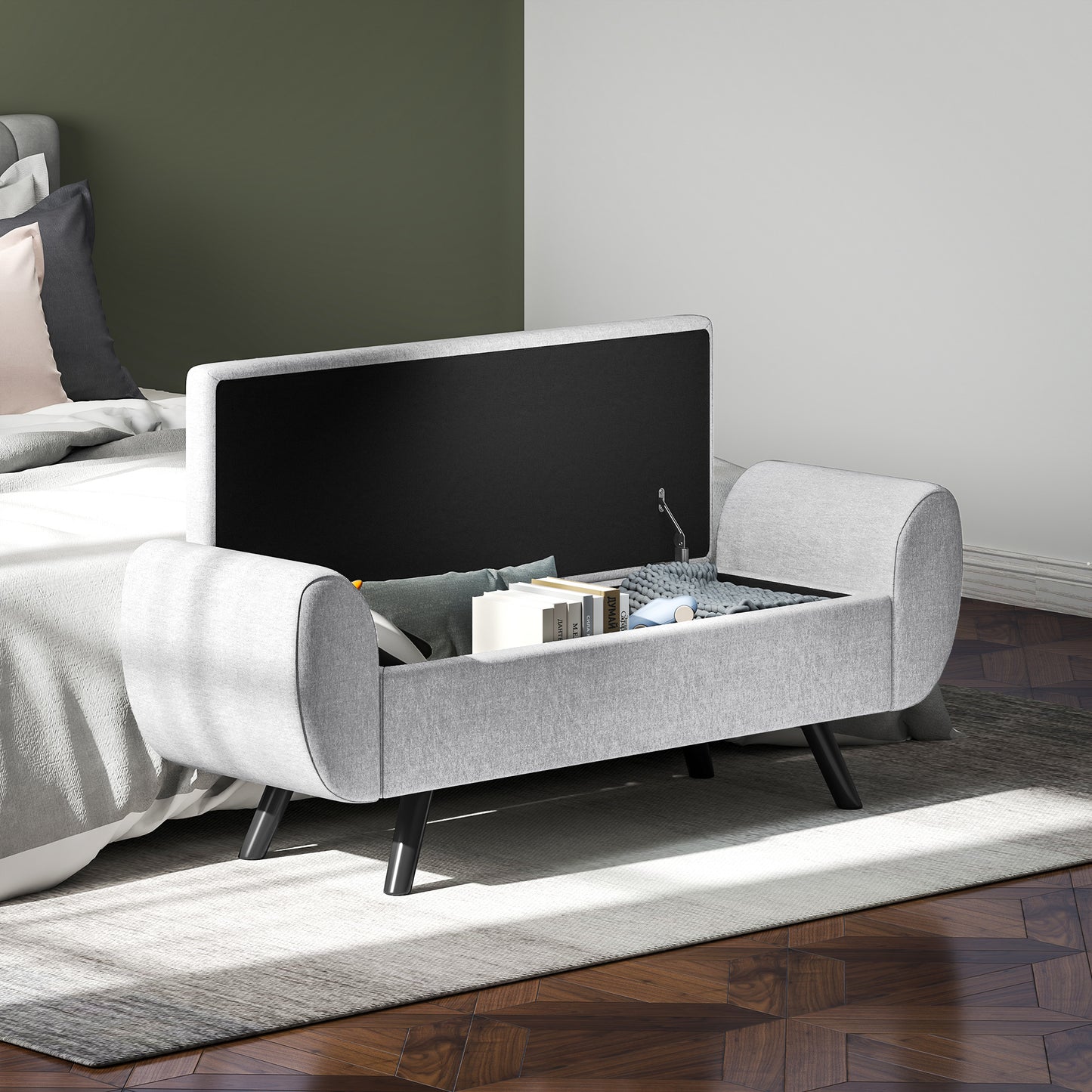 HOMCOM Storage Ottoman with Armrest, Upholstered Linen Bench, Rubberwood Legs, Footstool for Bedroom, Living Room, Hallway, Light Grey