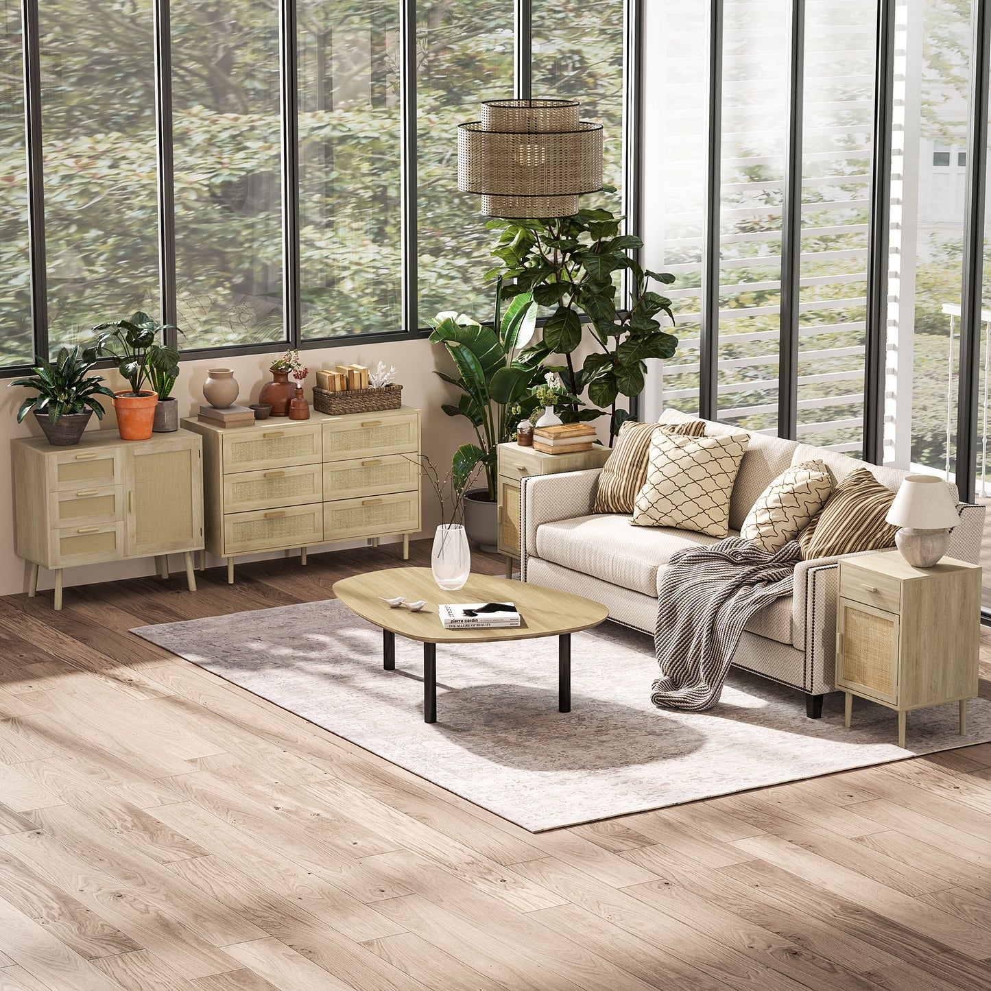 HOMCOM Chest of Drawers, 6-Drawer Dresser, Tall Storage Drawer Unit with Rattan Element for Bedroom, Living Room, Oak
