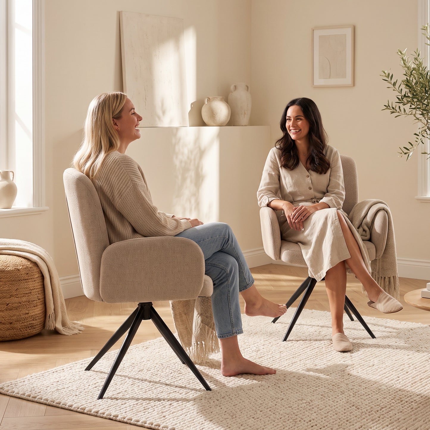 HOMCOM Swivel Accent Chair, Upholstered Linen-Look Armchair with Curved Backrest, Wrapped Armrests for Living Room, Light Brown