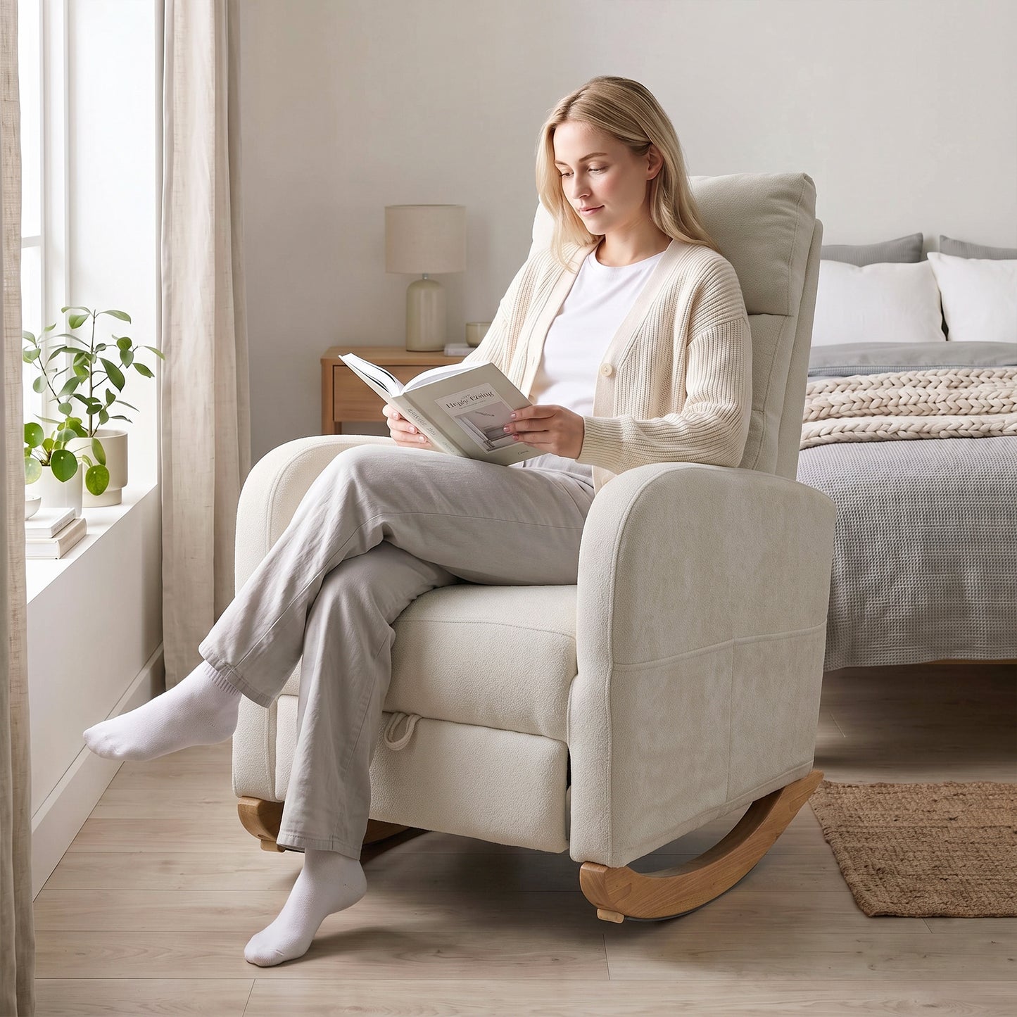 HOMCOM Upholstered Rocking Chair Retractable Footrest Rocker Chair High Back for Living Room Cream White