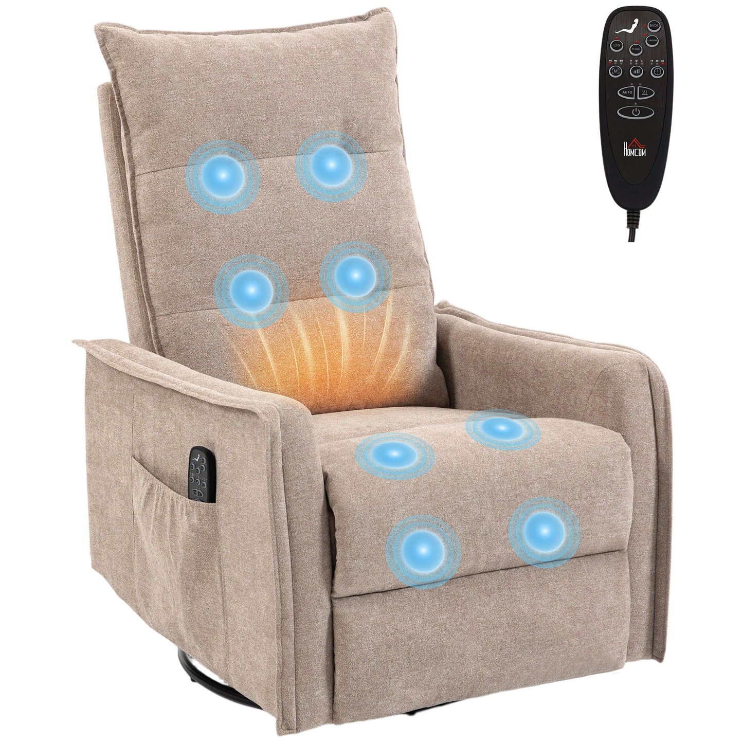 HOMCOM Recliner Armchair, Chenille Recliner Chair with Massage and Heat, 360° Swivel Rocking Manual Recliner, Brown