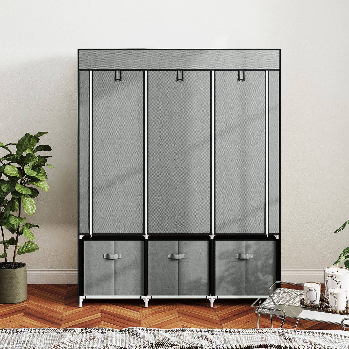 HOMCOM Fabric Wardrobe, Portable with 5 Shelves, 2 Hanging Rails, 3 Fabric Drawers, Foldable, 125x43x162.5cm, Light Grey