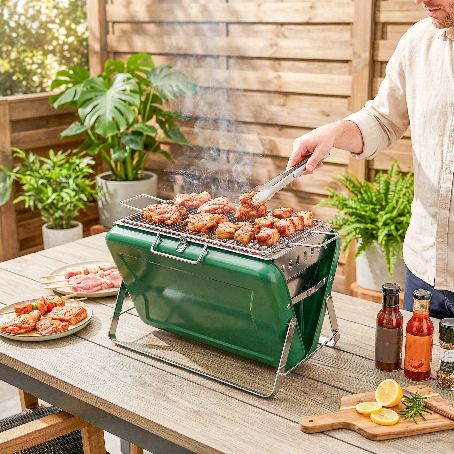 Outsunny Charcoal BBQ Grill Portable Stainless Steel Barbecue with Tilting Grate for Camping Picnic Garden Dark Green