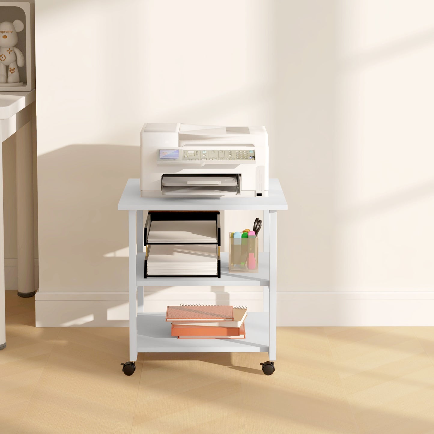 HOMCOM 3-Tier Mobile Printer Stand on Wheels - White