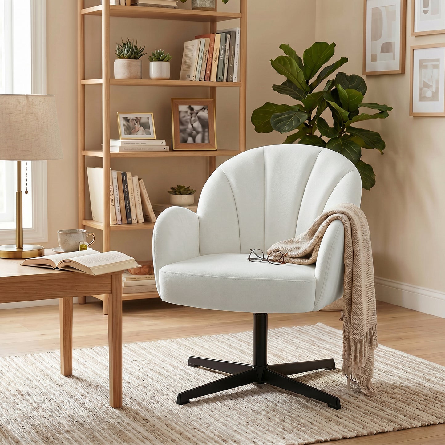 HOMCOM Swivel Accent Chair, Shell-Shaped Armchair with Spring Cushion, Metal Base, Cream White