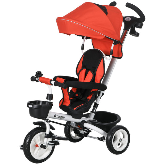 HOMCOM Metal Frame 4 in 1 Baby Push Tricycle with Parent Handle for 1-5 Years Old Red