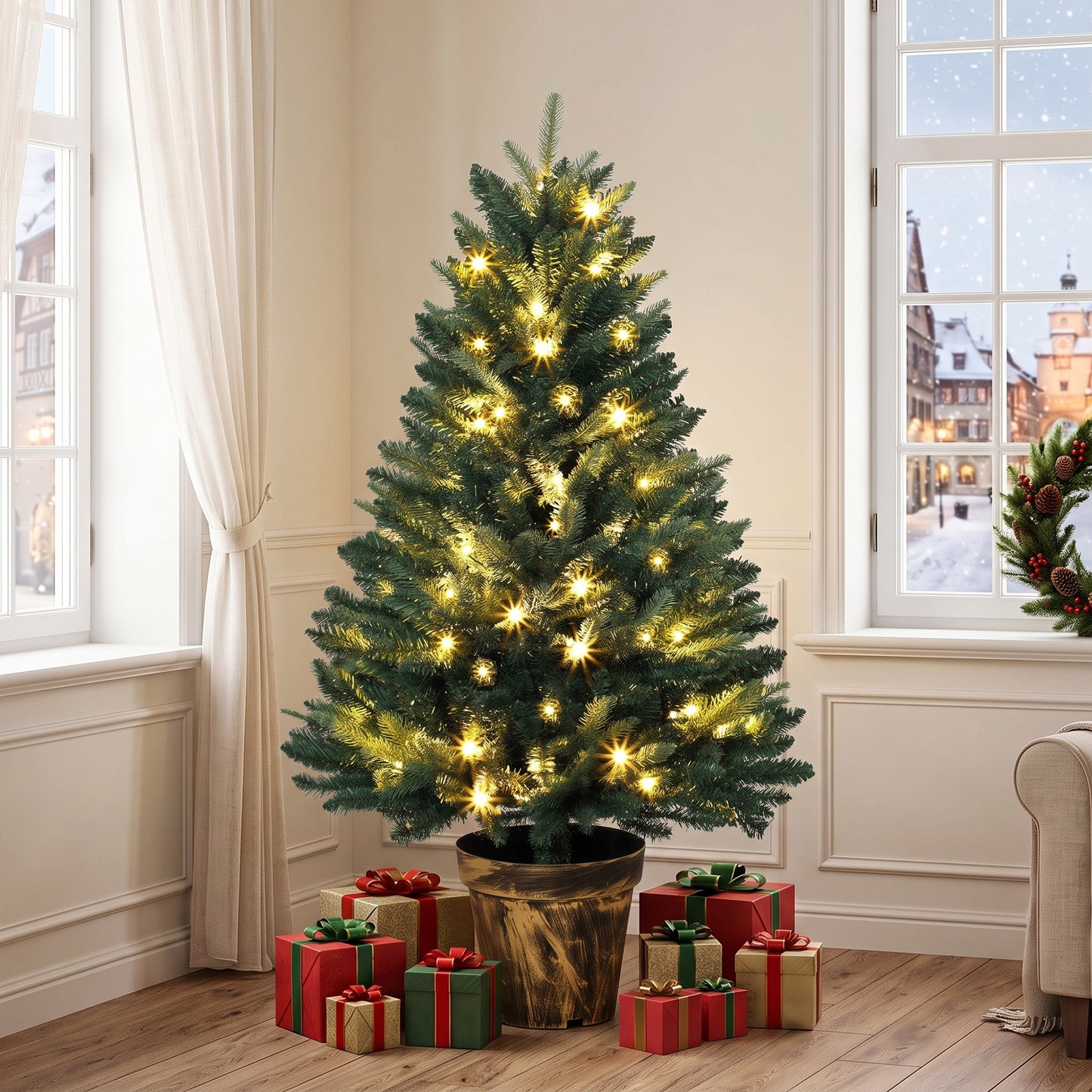 HOMCOM Realistic Xmas Tree, 4ft Prelit Artificial Christmas Tree with 80 Lights, Green