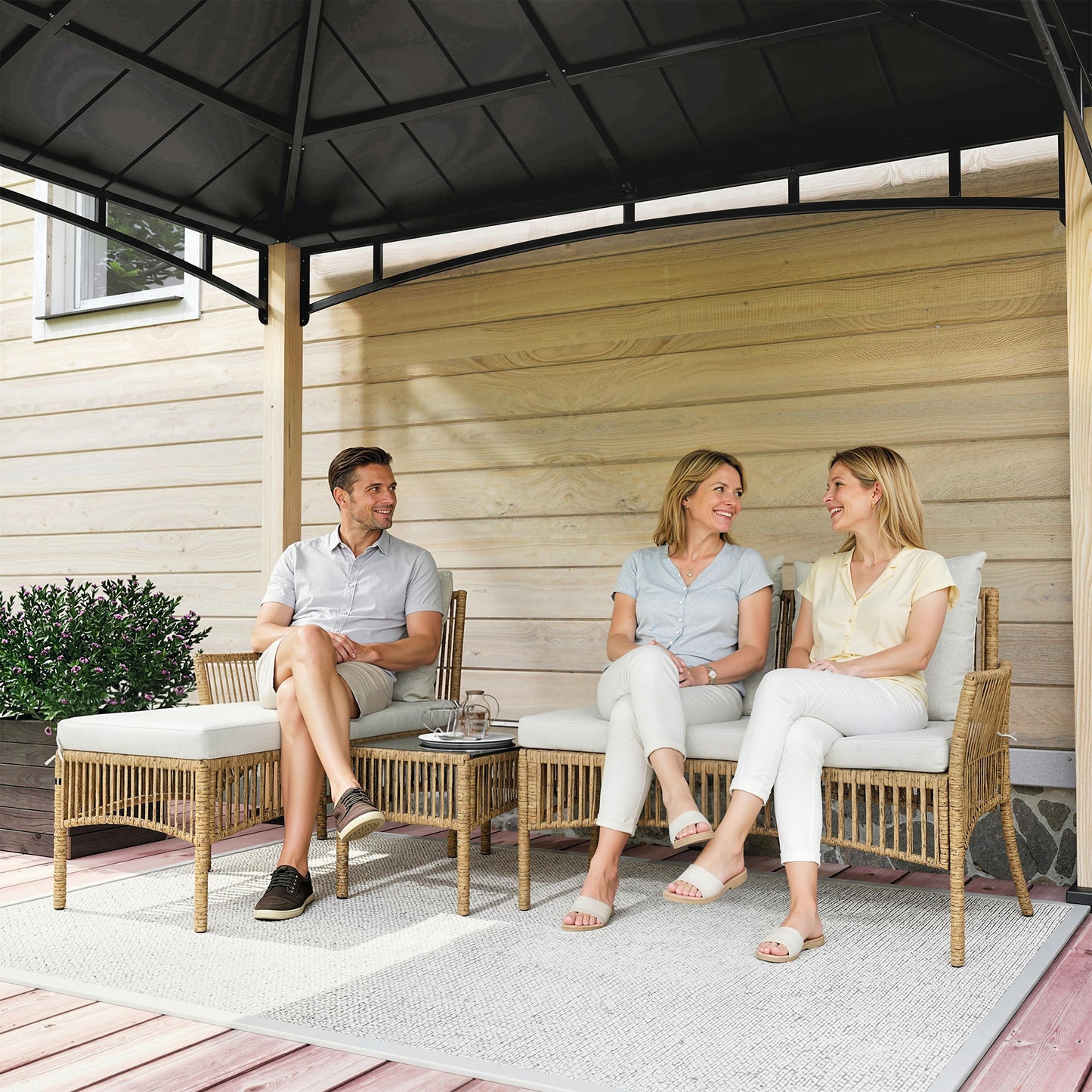 Outsunny 3 Piece Rattan Garden Furniture Corner Sofa Set with Chaise Lounge, Loveseat, Glass Coffee Table, Cushions, Natural Wood