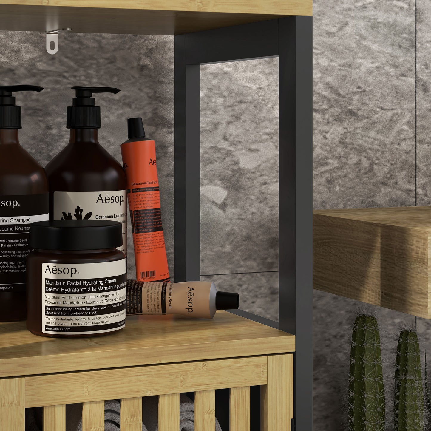 HOMCOM Slim Bathroom Storage Cabinet Small Bamboo Bathroom Cabinet with Open Compartment and Adjustable Shelf Black