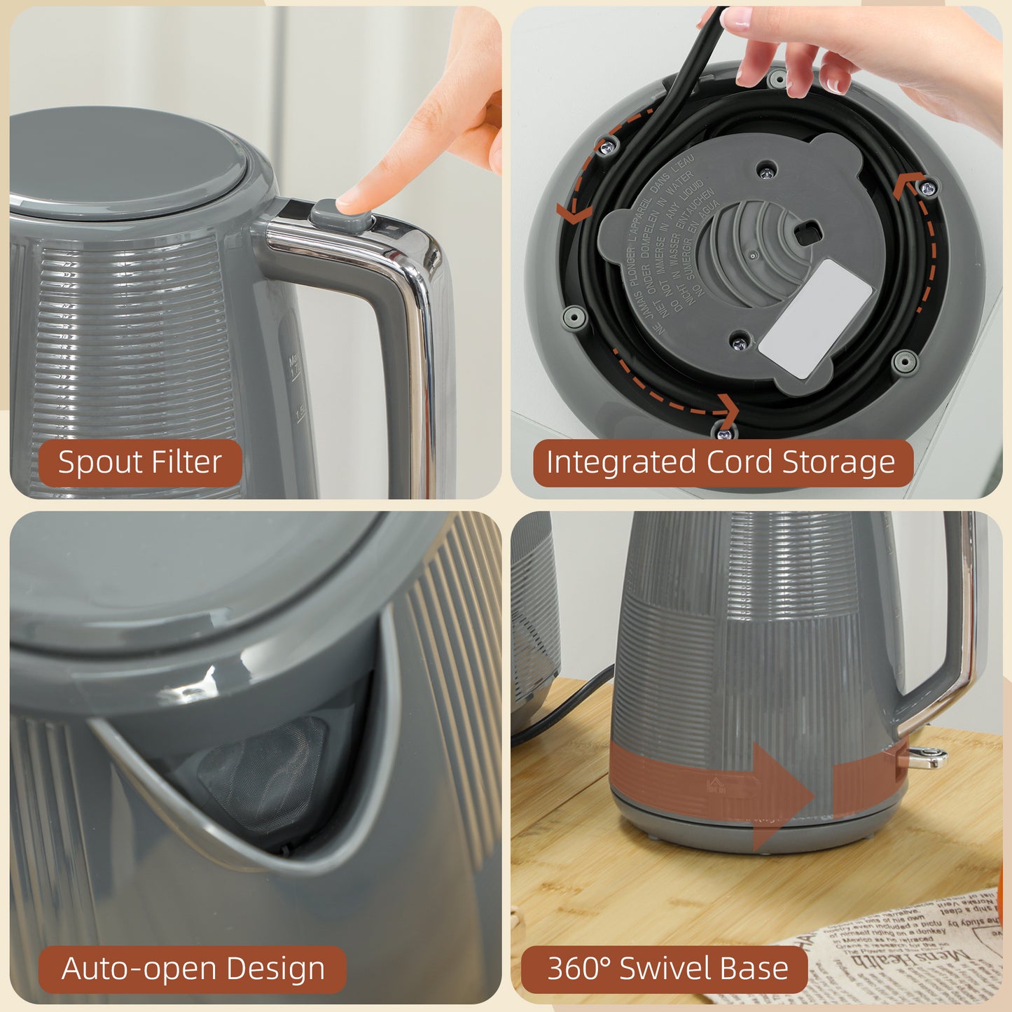 HOMCOM Kettle & Toaster Set, 1.7L Fast Boil Kettle & 2 Slice Toaster with 7 Levels, Grey