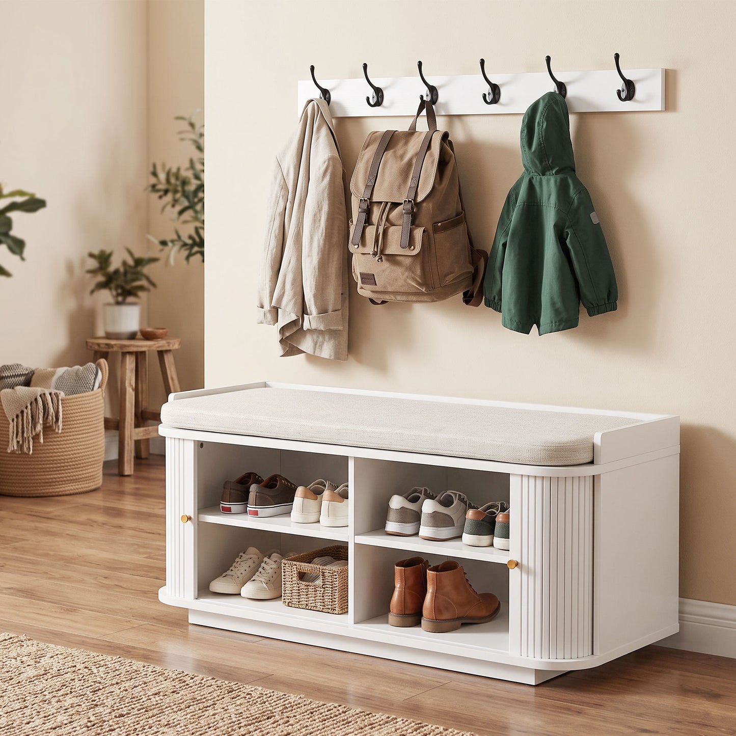 HOMCOM Hallway Storage Unit, Hallway Furniture Set with Shoe Storage Cabinet and 5 Hooks Coat Rack, White