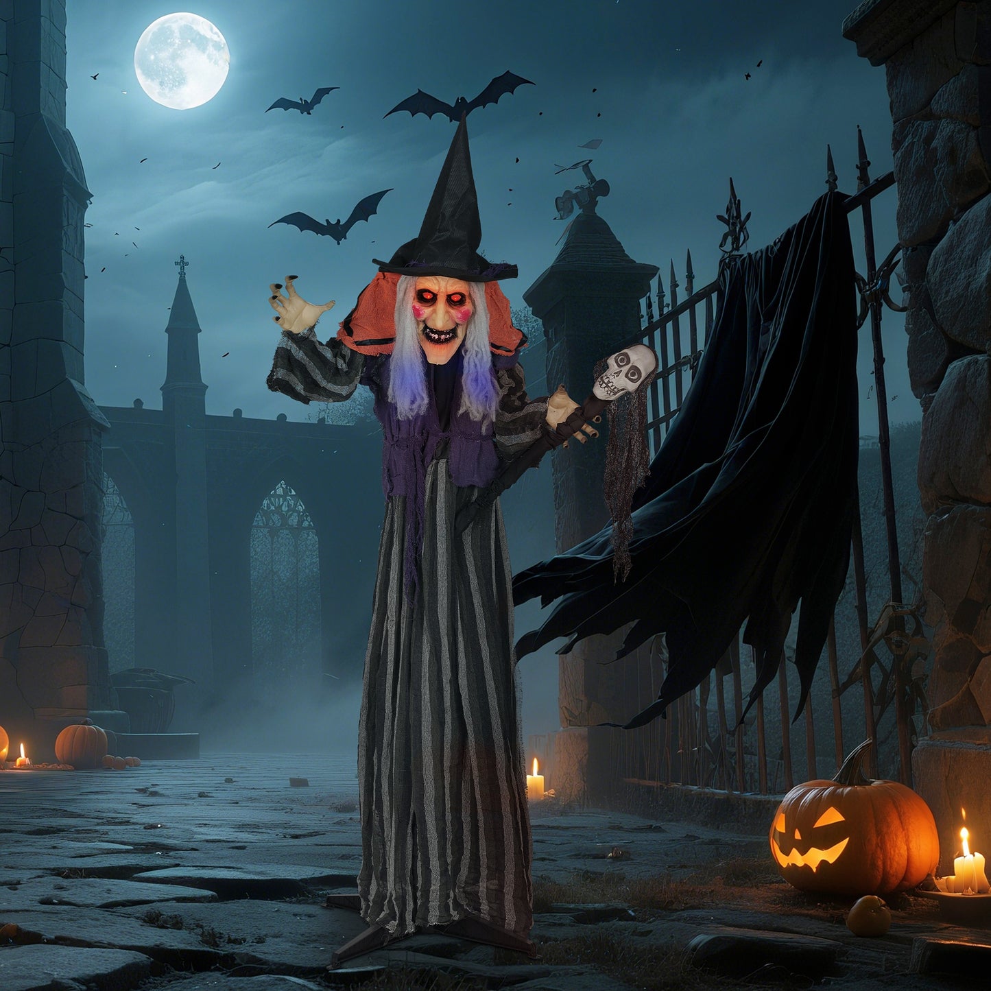 Outsunny Halloween Animated Witch with Skull Staff & Glowing LED Eyes, Battery Operated Indoor Party Prop, 160 cm, Spooky Decor, Black