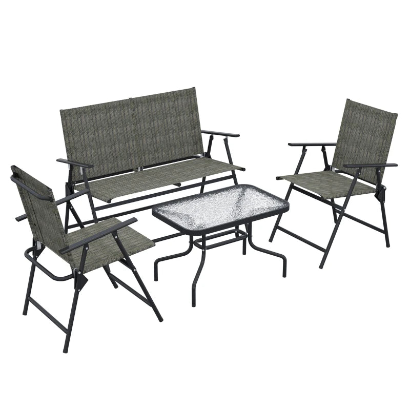 Outsunny Outdoor 4 Pieces Patio Furniture Set with Breathable Mesh Fabric Seat & Backrest, Garden Set with Two Foldable Armchairs, a Loveseat & Glass Top Table, Mixed Brown