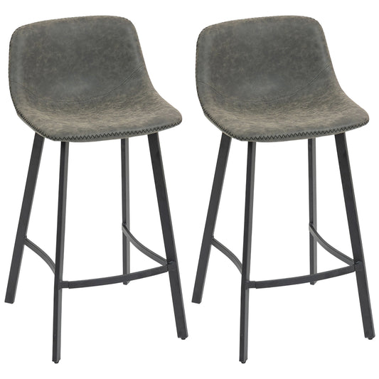 HOMCOM Bar Stools Set of 2, PU Leather Dining Stools with Backrest, Footrest, for Kitchen, Counter, Breakfast Bar, Grey